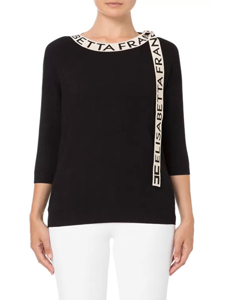 ELISABETTA FRANCHI Elisabetta Franchi top logo along neckline and 3/4 sleeve Black