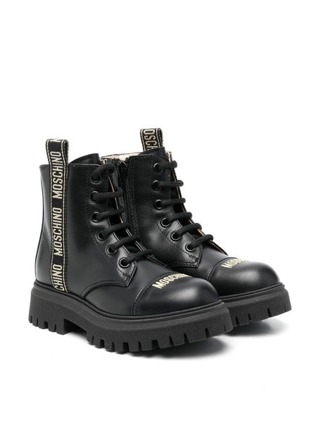 MOSCHINO + Kids Moschino leather lace-up boots gold logotape Black