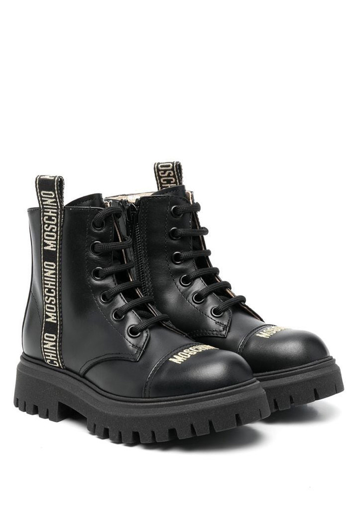 MOSCHINO + Kids Moschino leather lace-up boots gold logotape Black