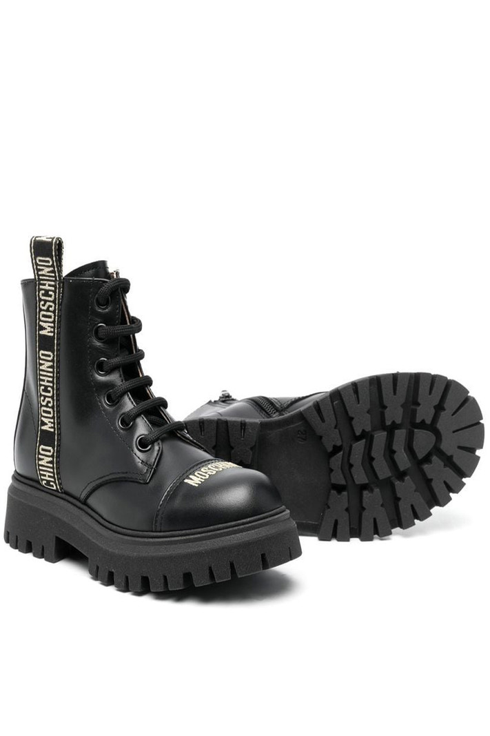 MOSCHINO + Kids Moschino leather lace-up boots gold logotape Black
