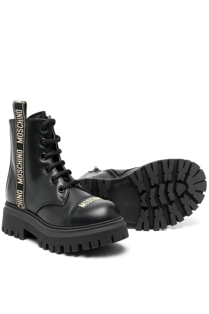 MOSCHINO + Kids Moschino leren  veter boots gouden logotape Zwart