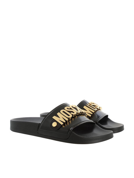 MOSCHINO + Kids Moschino slippers with gold lettering Black