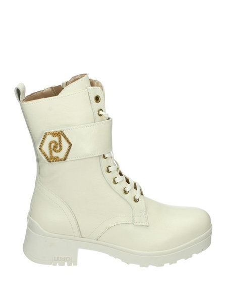 LIU JO Liu Jo lace-up leather boot with gold buckle creamy White