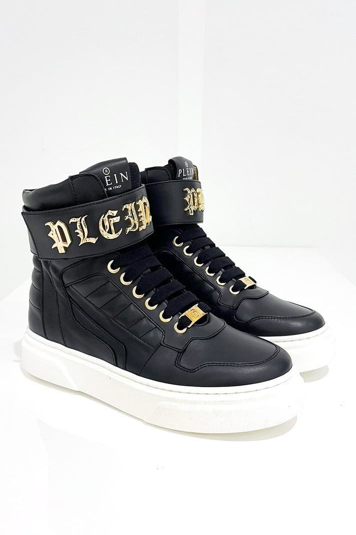 PHILIPP PLEIN Philipp plein high top sneaker gouden logo op klittenband Zwart