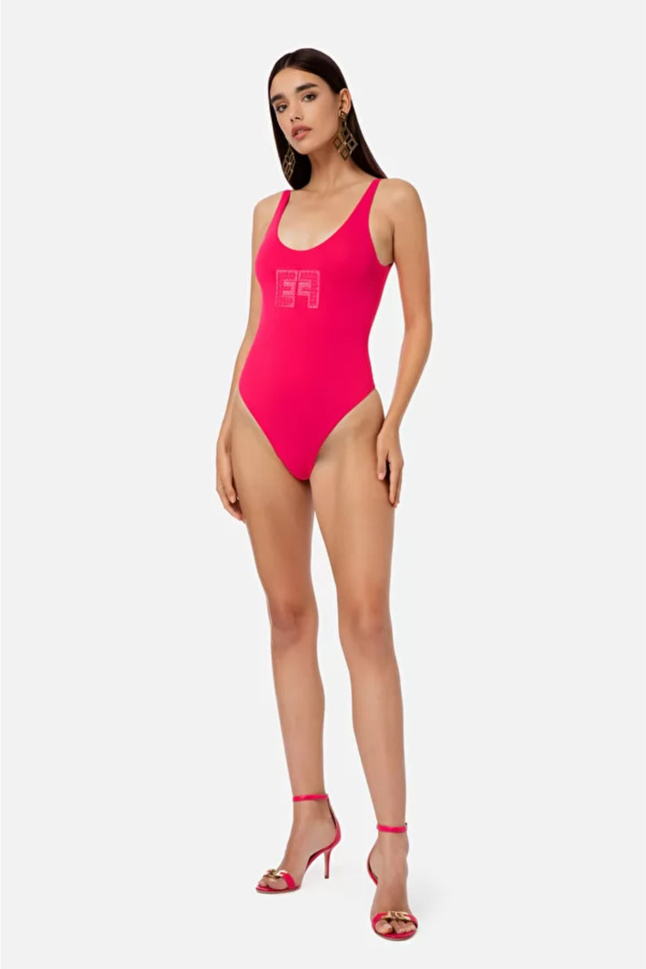 het is mooi niet verwant residentie Elisabetta Franchi one-piece swimsuit with EF logo Fuchsia Roze -