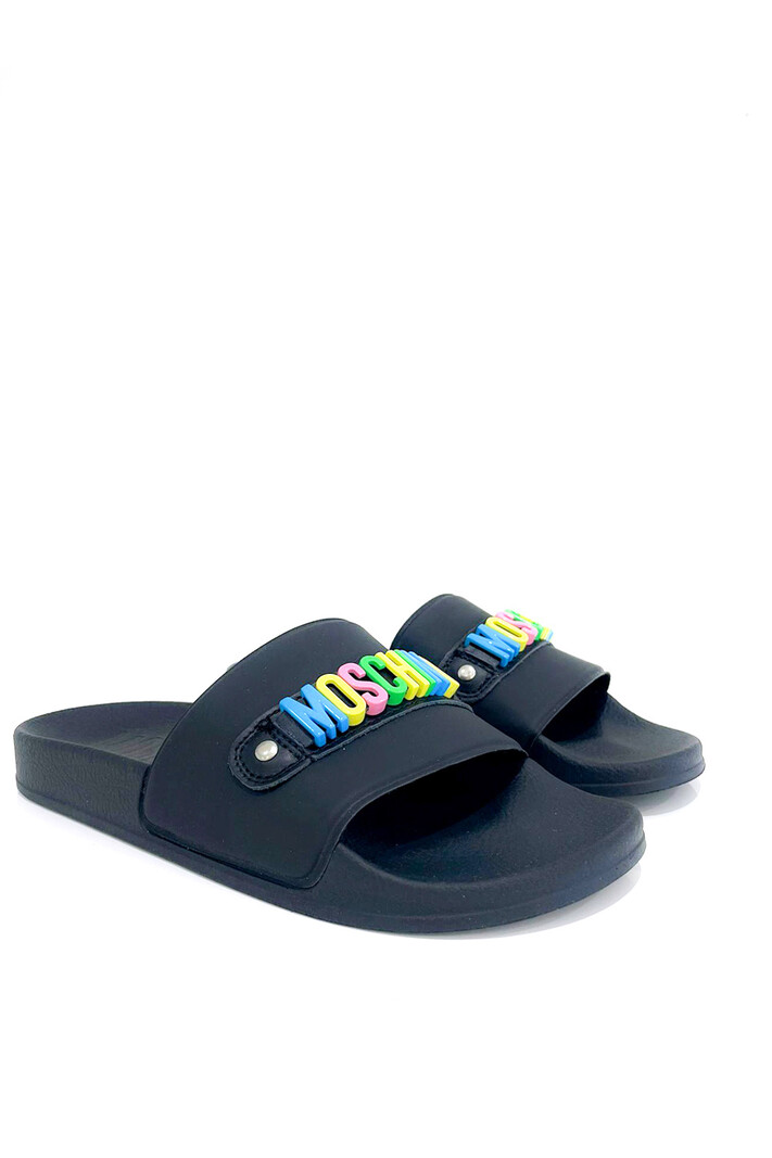 MOSCHINO + Kids Moschino unisex bathing slipper with coloured lettering Black