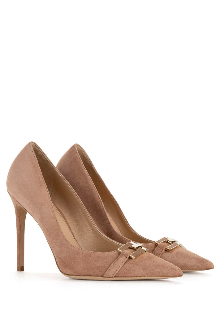 ELISABETTA FRANCHI Elisabetta Franchi suède pump met logo slotje huidskleur Nudo / Beige