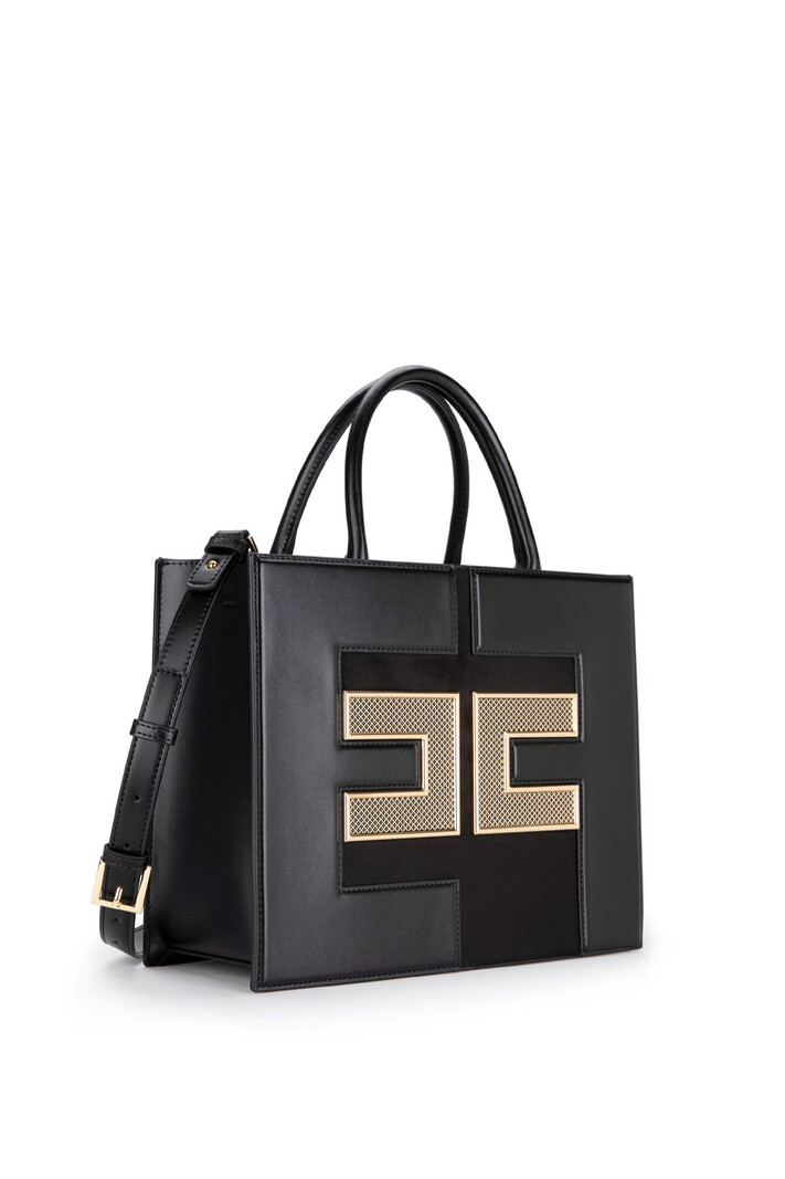 ELISABETTA FRANCHI Elisabetta Franchi mid handbag with logo in gold net effect Black