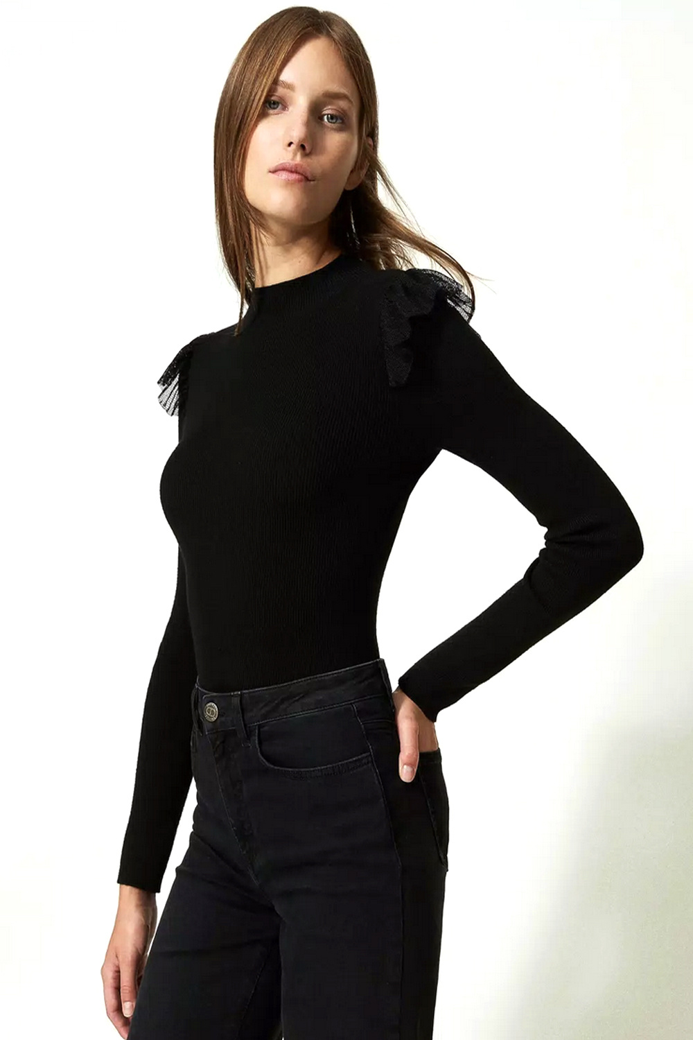 TWINSET Twinset body top met ruches en kant op schouders Zwart