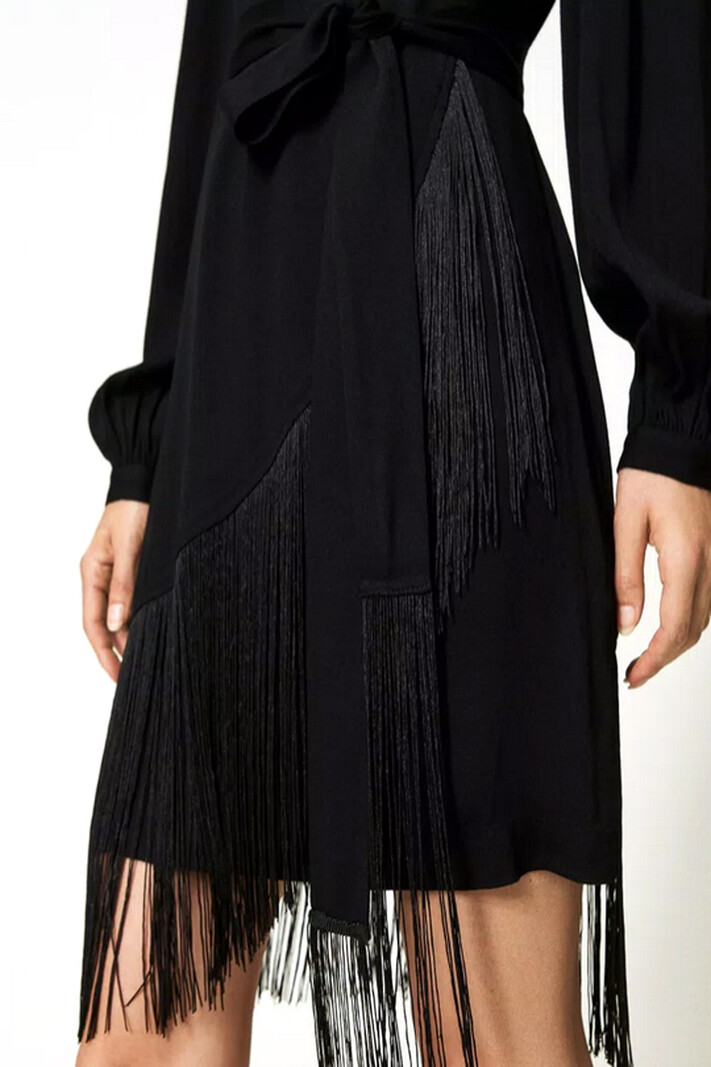 TWINSET Twinset jurk met slierten langs onderzijde en stoffen riem Zwart
