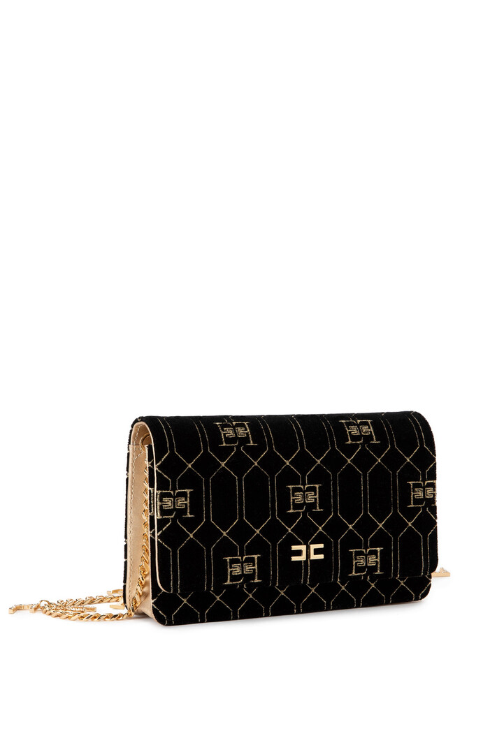 ELISABETTA FRANCHI Elisabetta Franchi velvet bag with gold logo and chain with charms Black