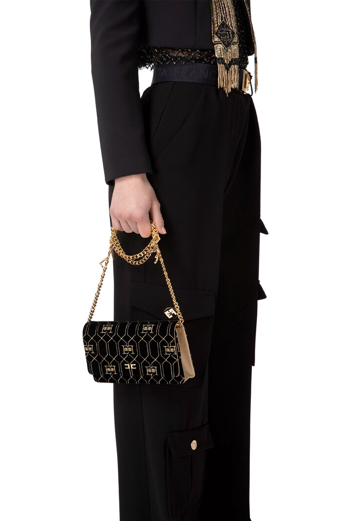 ELISABETTA FRANCHI Elisabetta Franchi velvet bag with gold logo and chain with charms Black