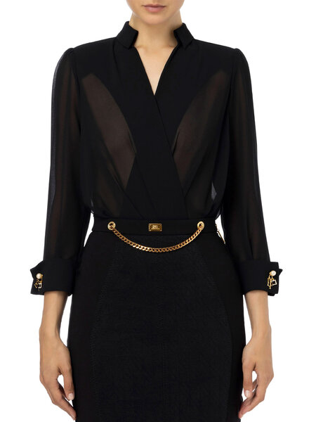 ELISABETTA FRANCHI Elisabetta Franchi transparante bodyblouse met parels op manchetknopen Zwart