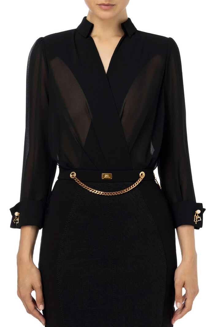 ELISABETTA FRANCHI Elisabetta Franchi transparante bodyblouse met parels op manchetknopen Zwart