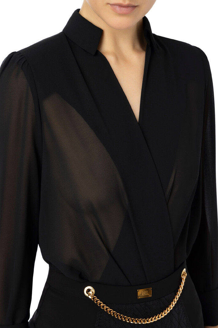 ELISABETTA FRANCHI Elisabetta Franchi transparante bodyblouse met parels op manchetknopen Zwart