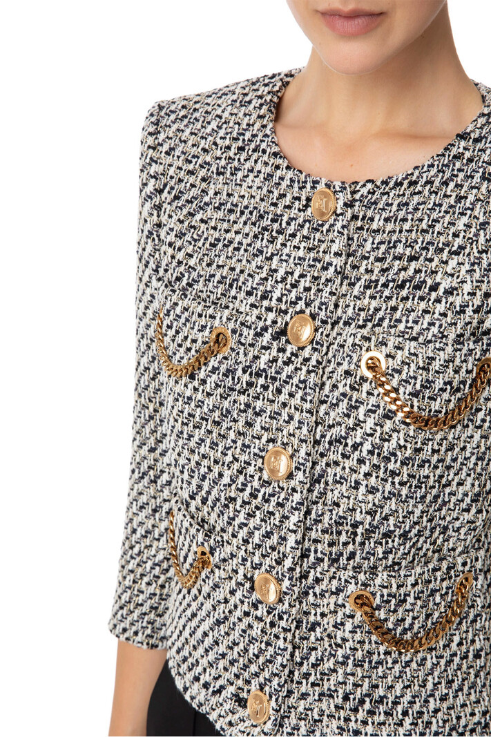 ELISABETTA FRANCHI Elisabetta Franchi korte blazer / jasje  van lurex tweed met kettinkjes Zwart / Wit