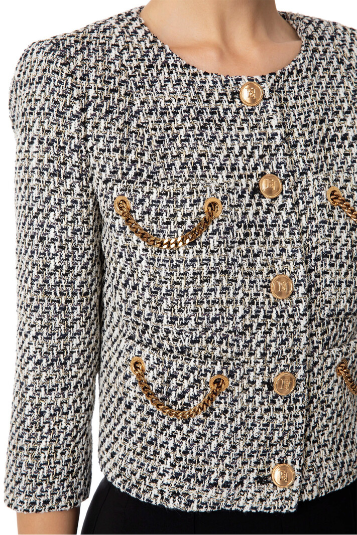 ELISABETTA FRANCHI Elisabetta Franchi korte blazer / jasje  van lurex tweed met kettinkjes Zwart / Wit