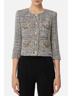 ELISABETTA FRANCHI Elisabetta Franchi short blazer / jacket in lurex tweed with chains Black / White
