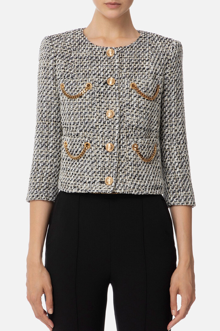 ELISABETTA FRANCHI Elisabetta Franchi korte blazer / jasje  van lurex tweed met kettinkjes Zwart / Wit