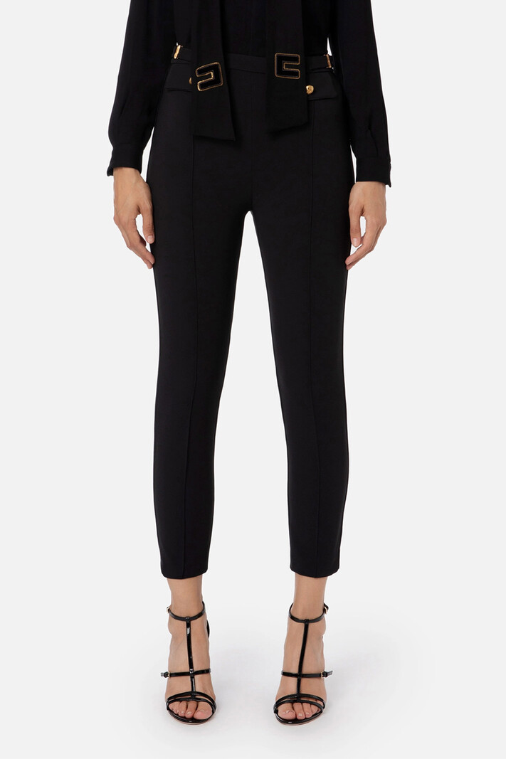 ELISABETTA FRANCHI Elisabetta Franchi pantalon met rechte pijpen en glanzende piping mat Zwart