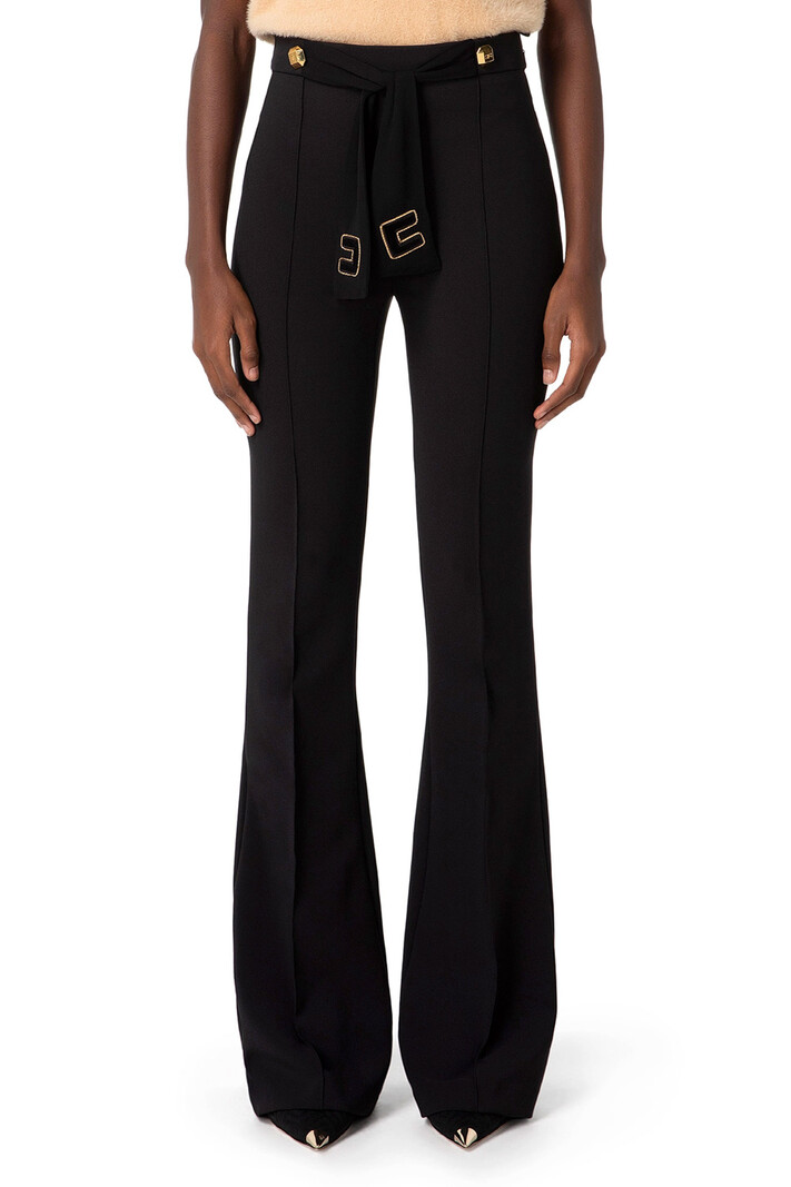 ELISABETTA FRANCHI Elisabetta Franchi flaired pantalon / Palazzobroek met stoffen ceintuur met logo Zwart