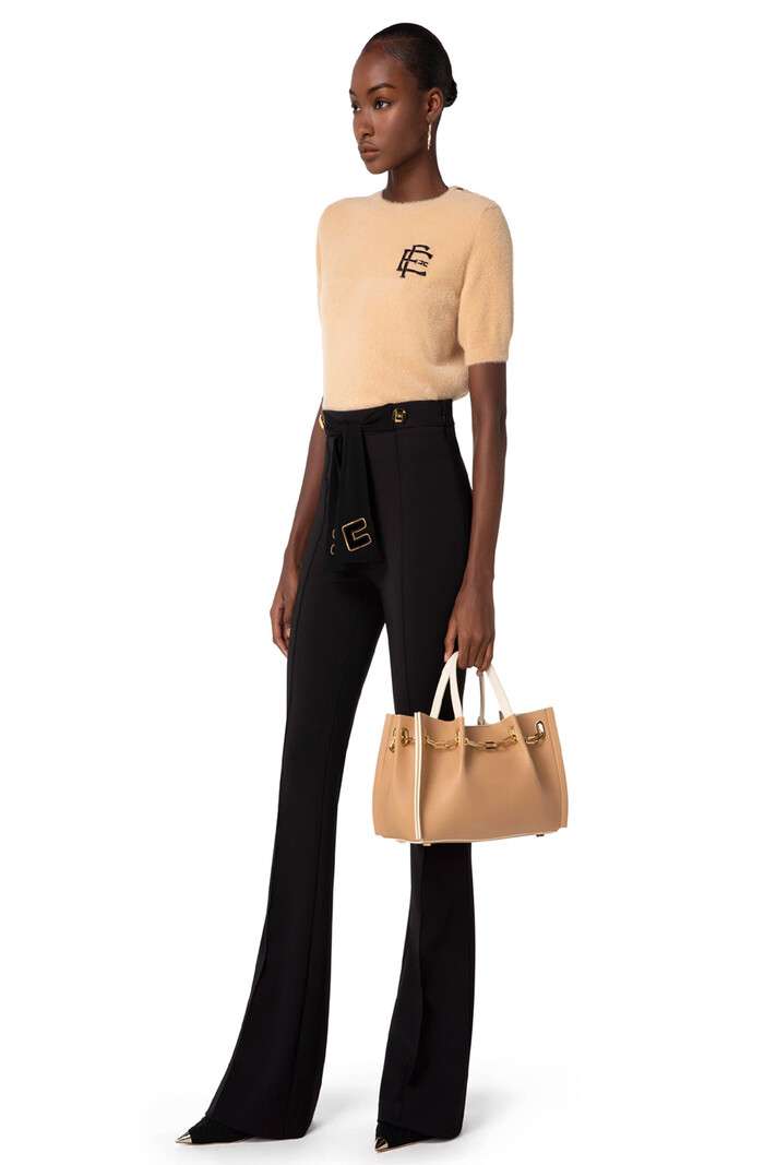 ELISABETTA FRANCHI Elisabetta Franchi flaired pantalon / Palazzobroek met stoffen ceintuur met logo Zwart