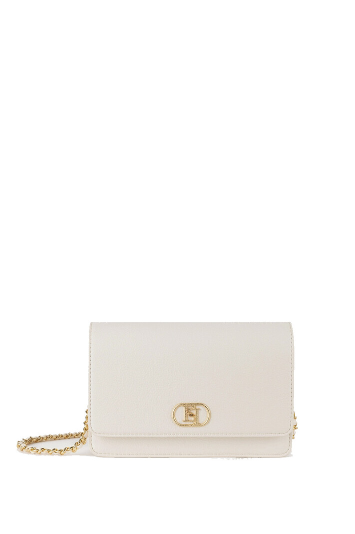 ELISABETTA FRANCHI Elisabetta Franchi schouder tas met goud logo en ketting met leer gevlochten Burro / room Wit