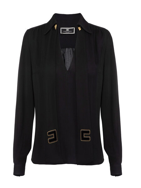 ELISABETTA FRANCHI Elisabetta Franchi blouse met strik en gouden logo Zwart