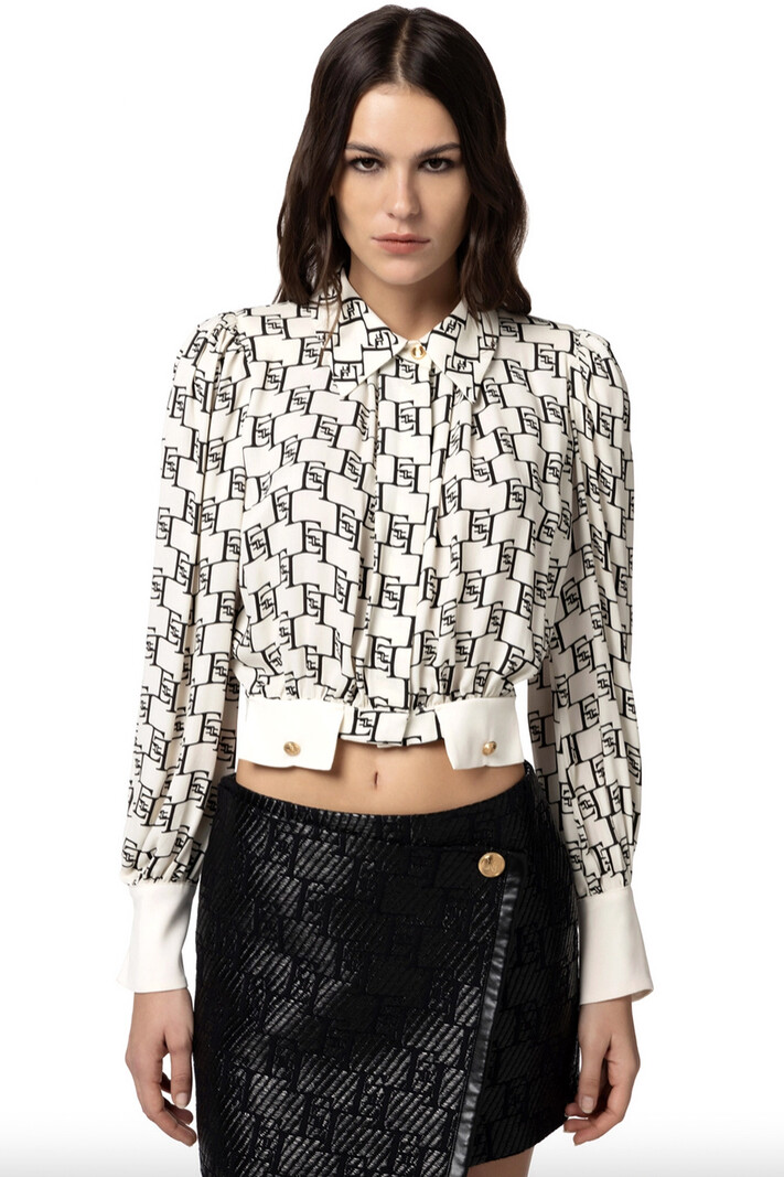 ELISABETTA FRANCHI Elisabetta Franchi cropped blouse with logo print and gold buttons Burro / Room White