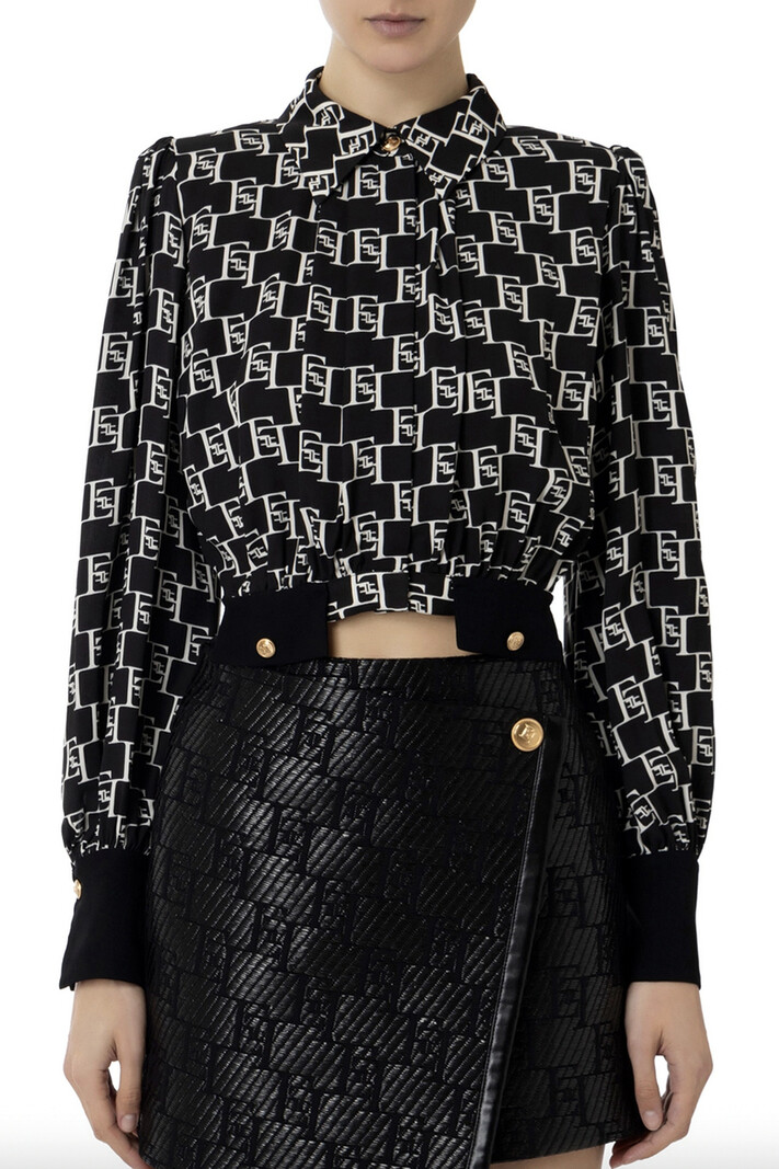 ELISABETTA FRANCHI Elisabetta Franchi cropped blouse with logo print and gold buttons Nero / Black