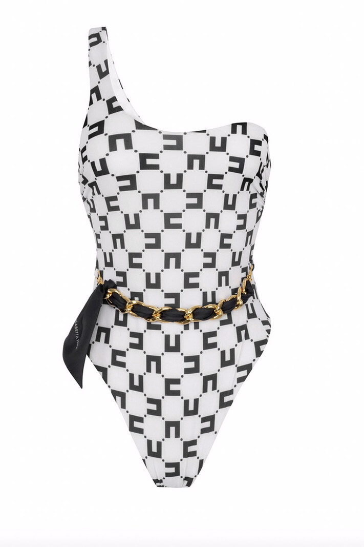 ELISABETTA FRANCHI Elisabetta franchi one shoulder swimsuit including chain belt with scarf and with black logo White