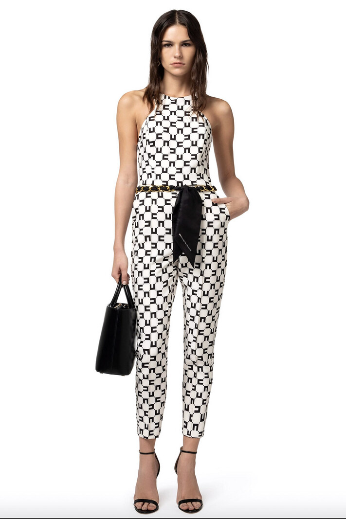 ELISABETTA FRANCHI Elisabetta Franchi jumpsuit in logo print inclusief ketting riem met sjaal Burro / Room Wit