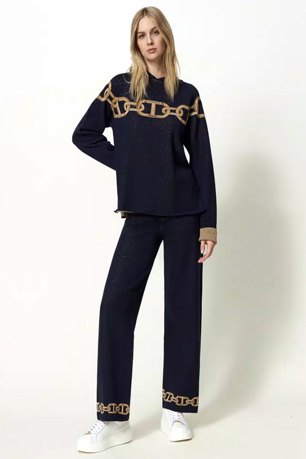 TWINSET Twinset knitted strechy pantalon met ketting print Blauw met licht glittertje