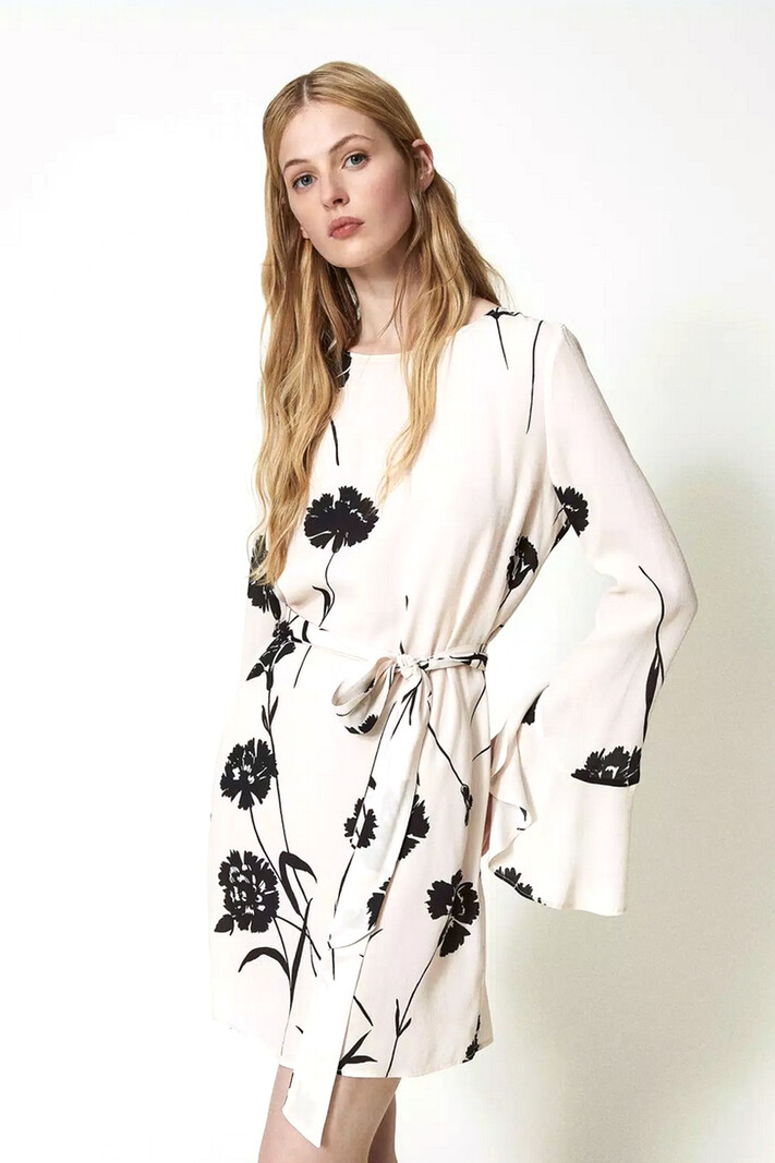 TWINSET Twinset dress with fabric belt in floral print cream White with Black