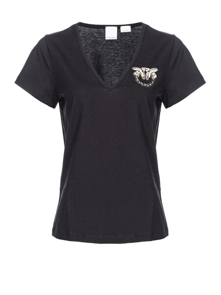 PINKO Pinko V-neck tshirt with rhinestone logo on chest Black