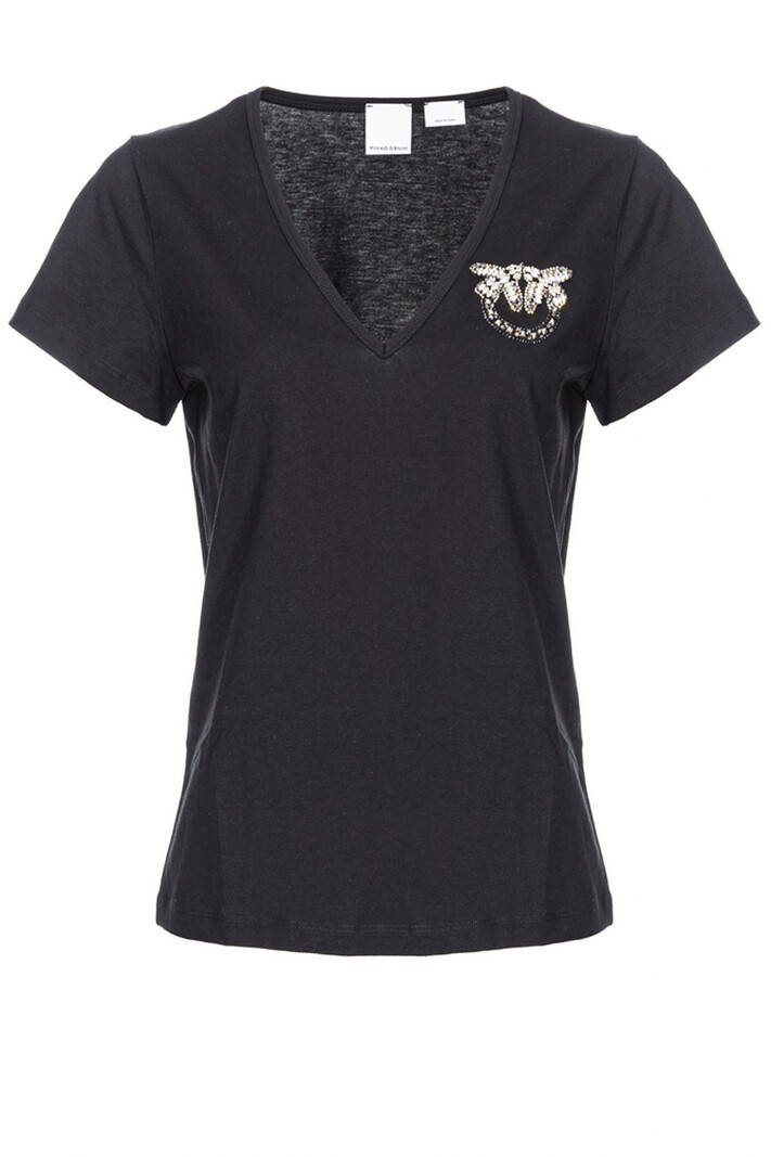 PINKO Pinko V-neck tshirt met strass logo op borst Zwart