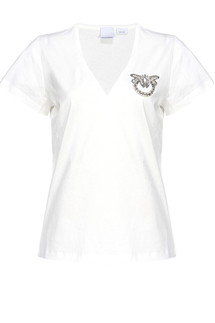 PINKO Pinko V-neck tshirt with rhinestone logo on chest White