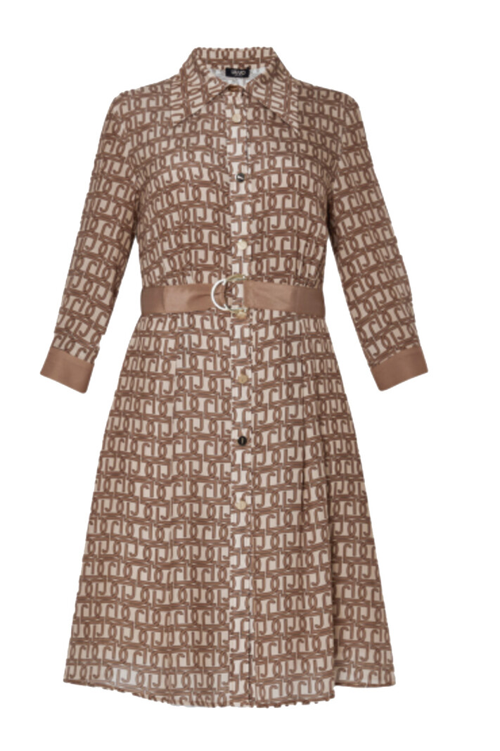 LIU JO Liu Jo dress with gold buttons and logo print in Beige / Brown