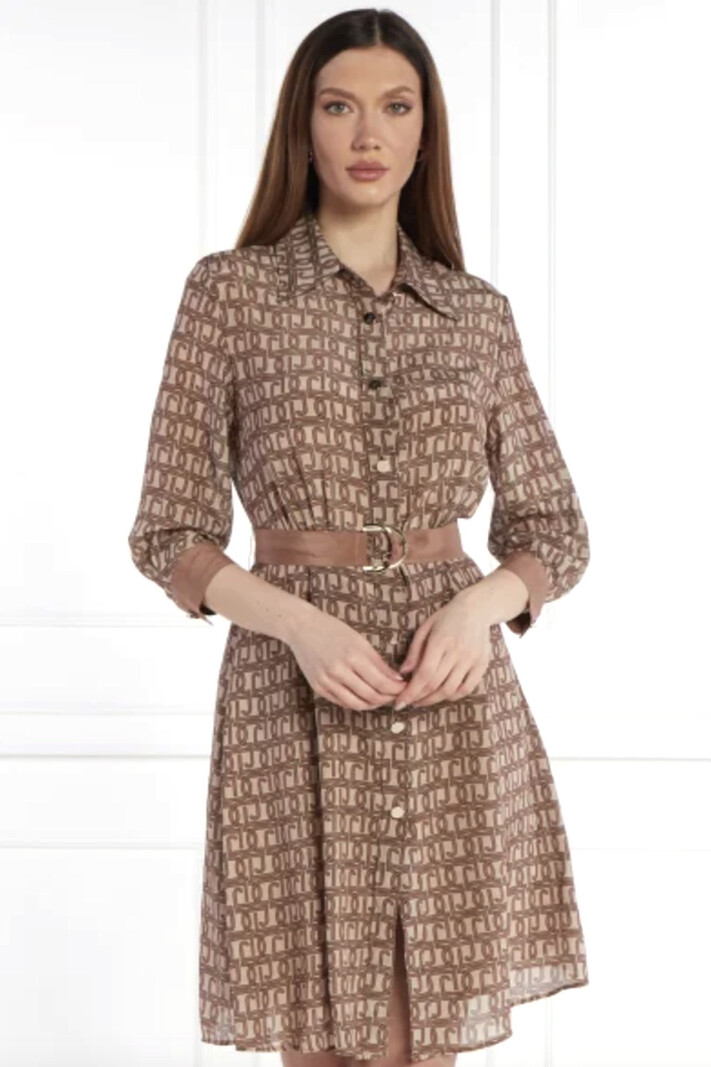 LIU JO Liu Jo dress with gold buttons and logo print in Beige / Brown