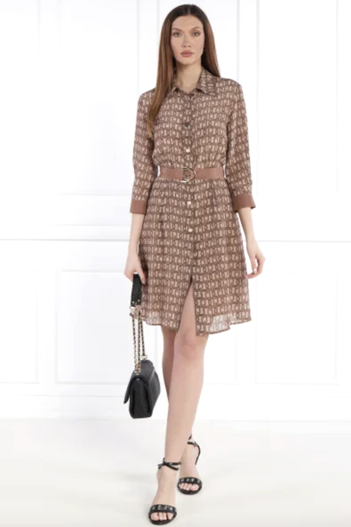 LIU JO Liu Jo dress with gold buttons and logo print in Beige / Brown