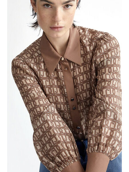 LIU JO Liu Jo blouse met gouden knopen en  logo print in Beige / Bruin