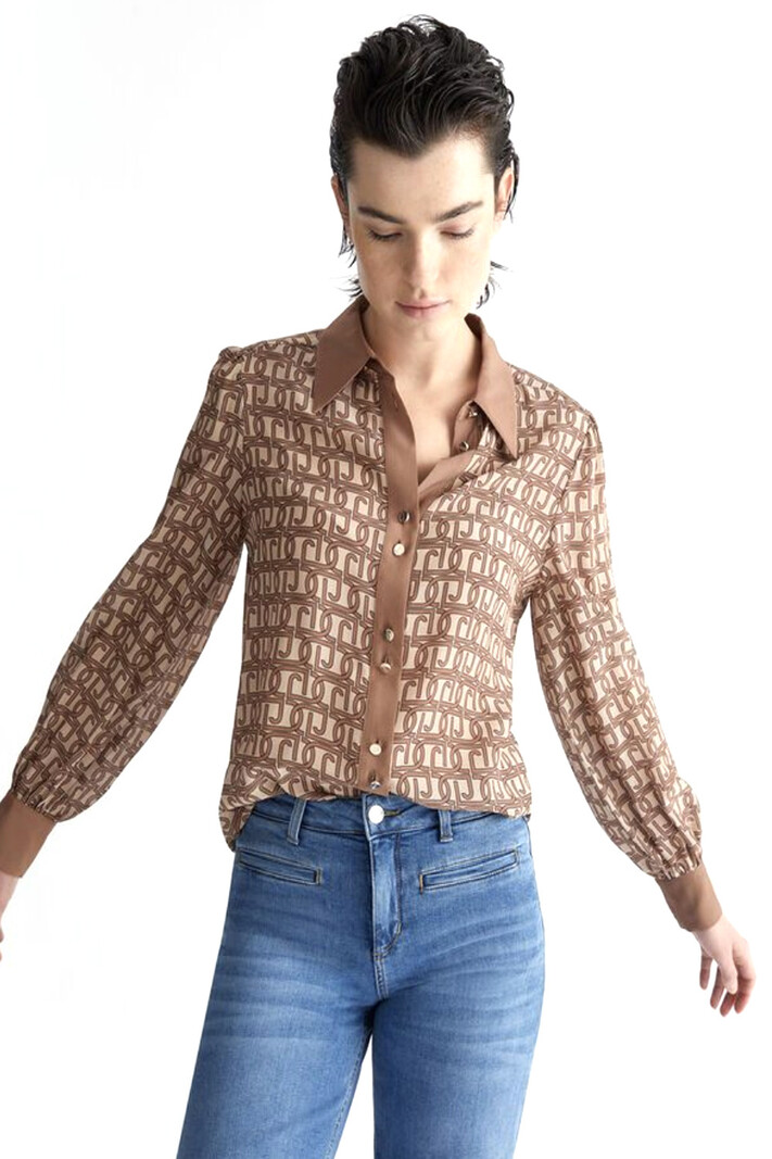 LIU JO Liu Jo blouse with gold buttons and logo print in Beige / Brown