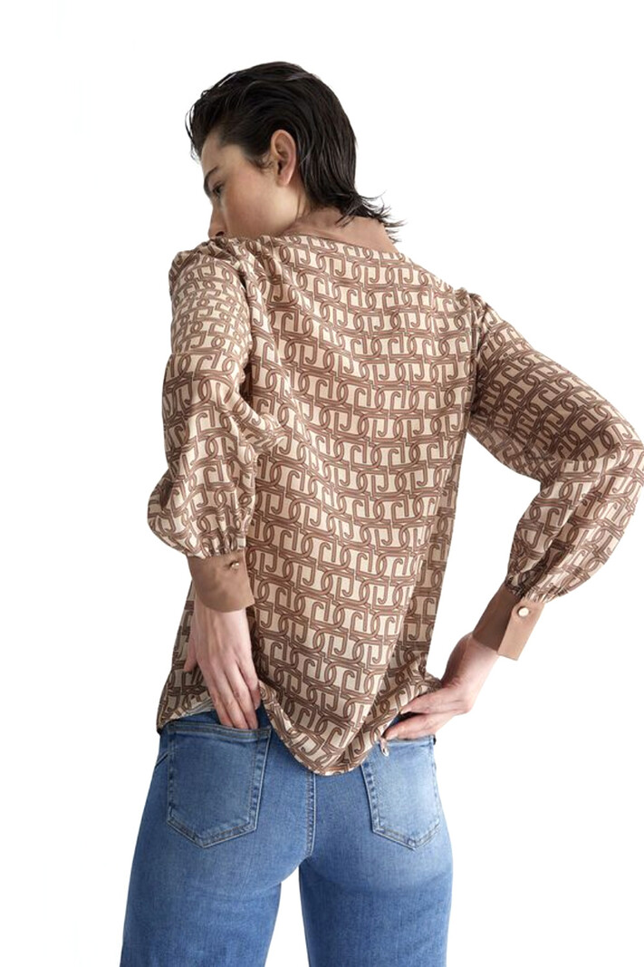 LIU JO Liu Jo blouse met gouden knopen en  logo print in Beige / Bruin