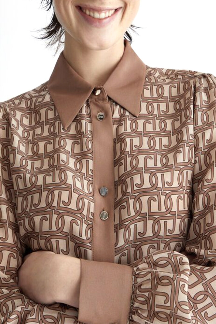 LIU JO Liu Jo blouse with gold buttons and logo print in Beige / Brown