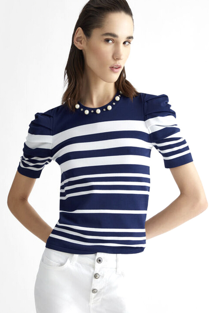 LIU JO Liu Jo top striped with pearls White / Blue