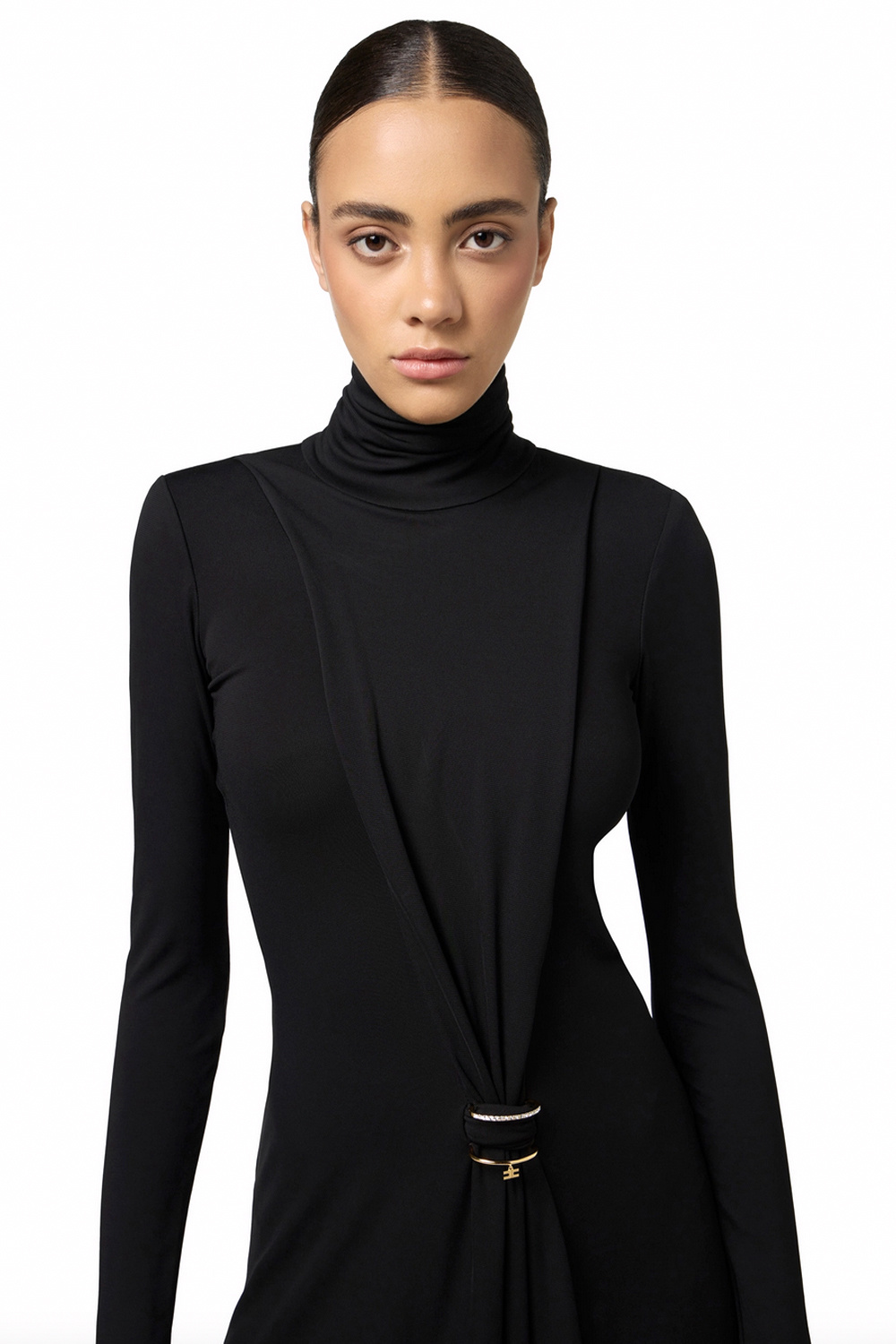 ELISABETTA FRANCHI Elisabetta Franchi jurk met colletje en gedrapeerd effect en juweeldetail Zwart