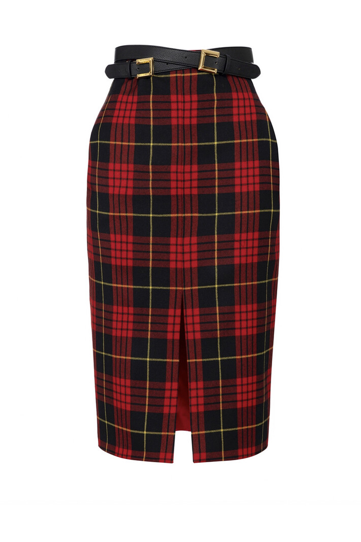 ELISABETTA FRANCHI Elisabetta Franchi wool plaid skirt with belt / belt Red / Black
