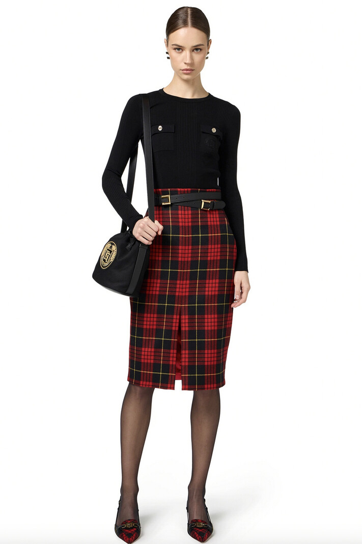 ELISABETTA FRANCHI Elisabetta Franchi wool plaid skirt with belt / belt Red / Black
