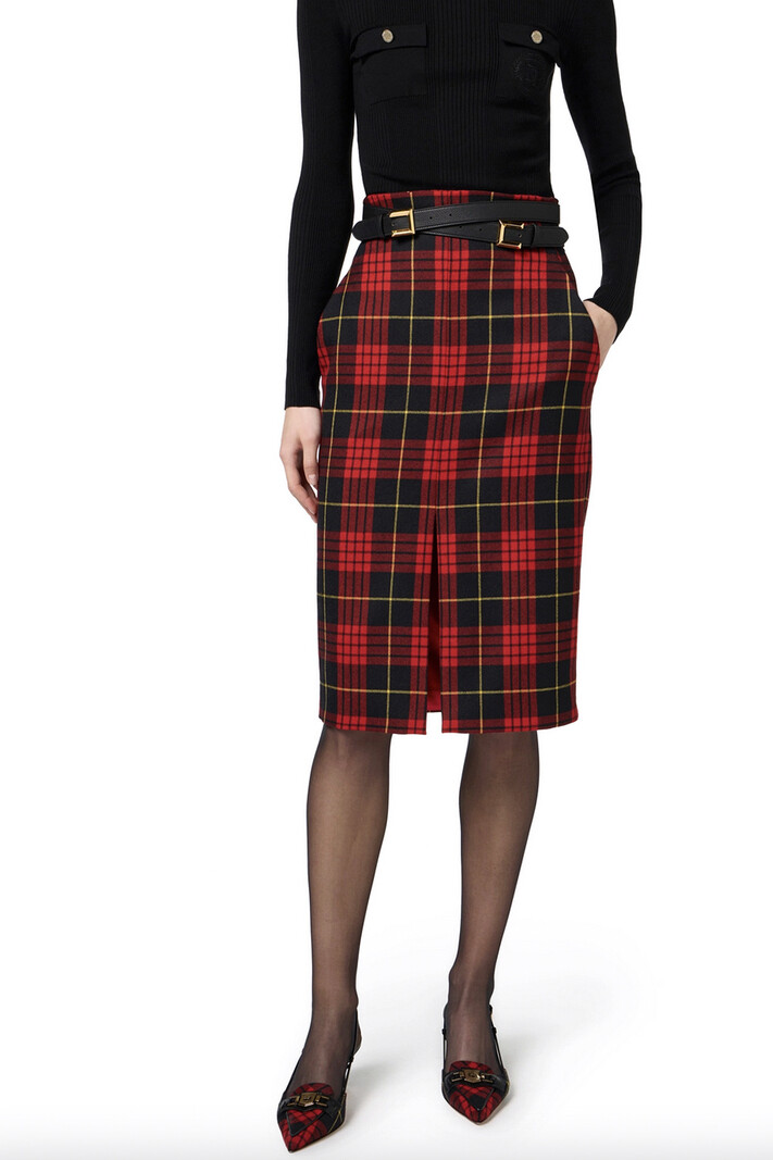ELISABETTA FRANCHI Elisabetta Franchi wool plaid skirt with belt / belt Red / Black