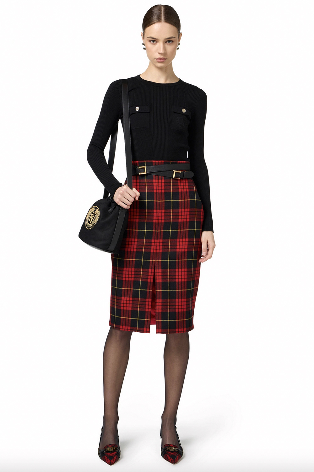 ELISABETTA FRANCHI Elisabetta Franchi gebreide trui met gouden knopen en geborduurde logo Zwart